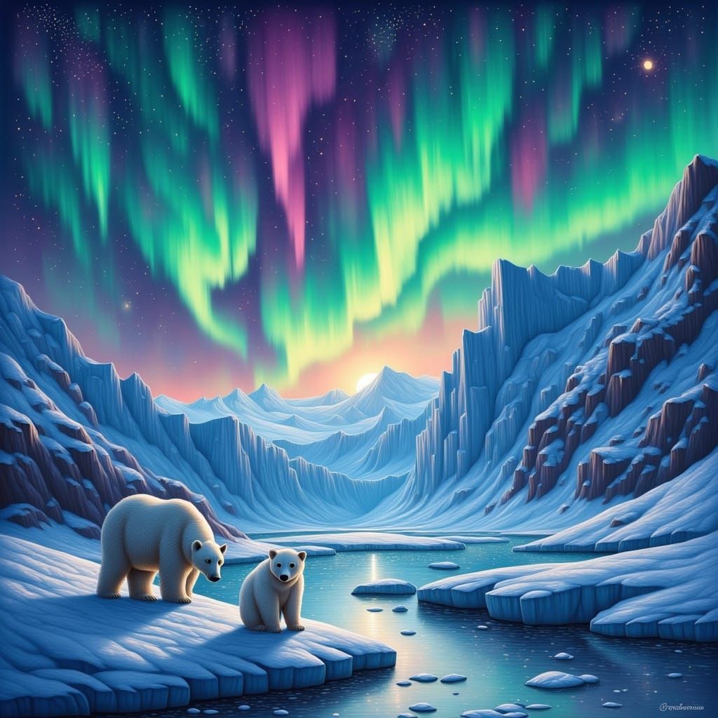 Arctic Glacier Under Aurora Borealis with Polar Bears