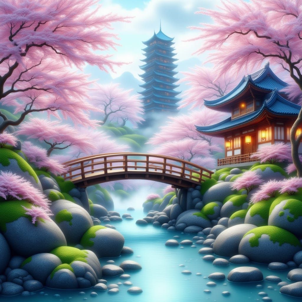 Dreamlike East Asian Landscape with Pagodas and Cherry Bloss...