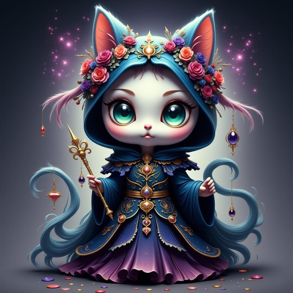 Vibrant Maneki Neko Kitty Wears a Flourishing Cloak