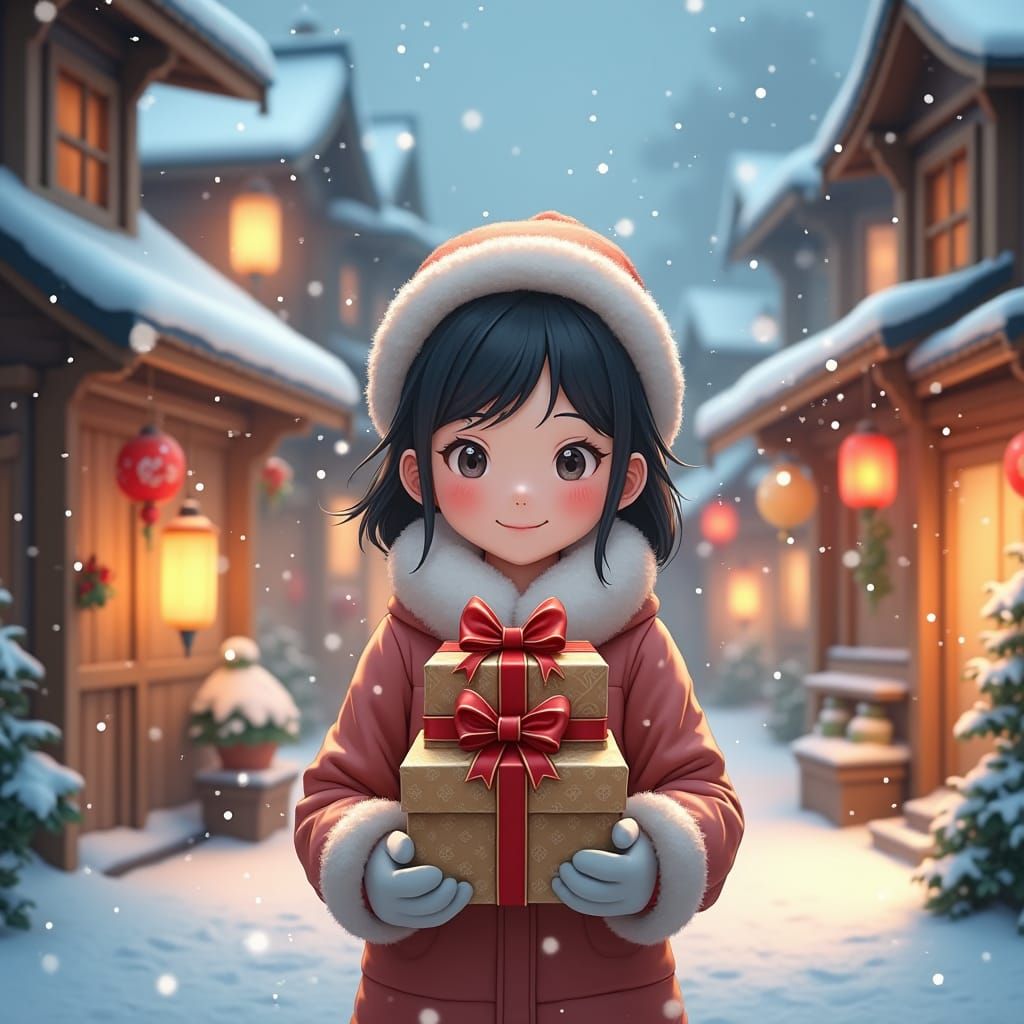 Girl with Gifts in Snowy Ghibli Christmas Village