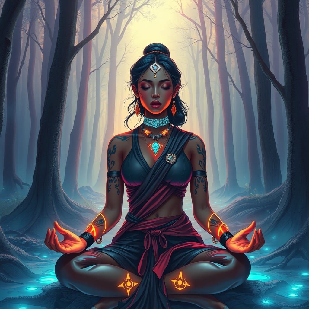 Futuristic Asian Woman Meditating in Bioluminescent Forest