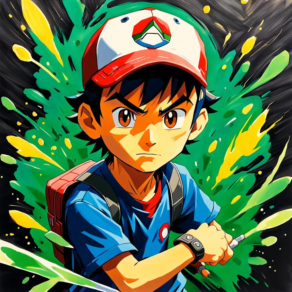 Detailed Gouache Painting of Ash Ketchum