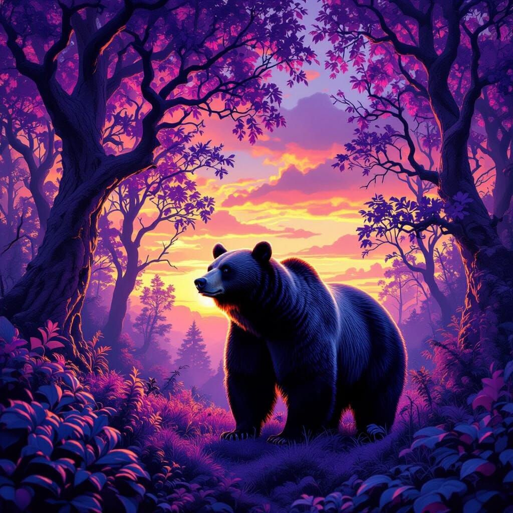 Majestic Bear in Purple Forest at Sunset