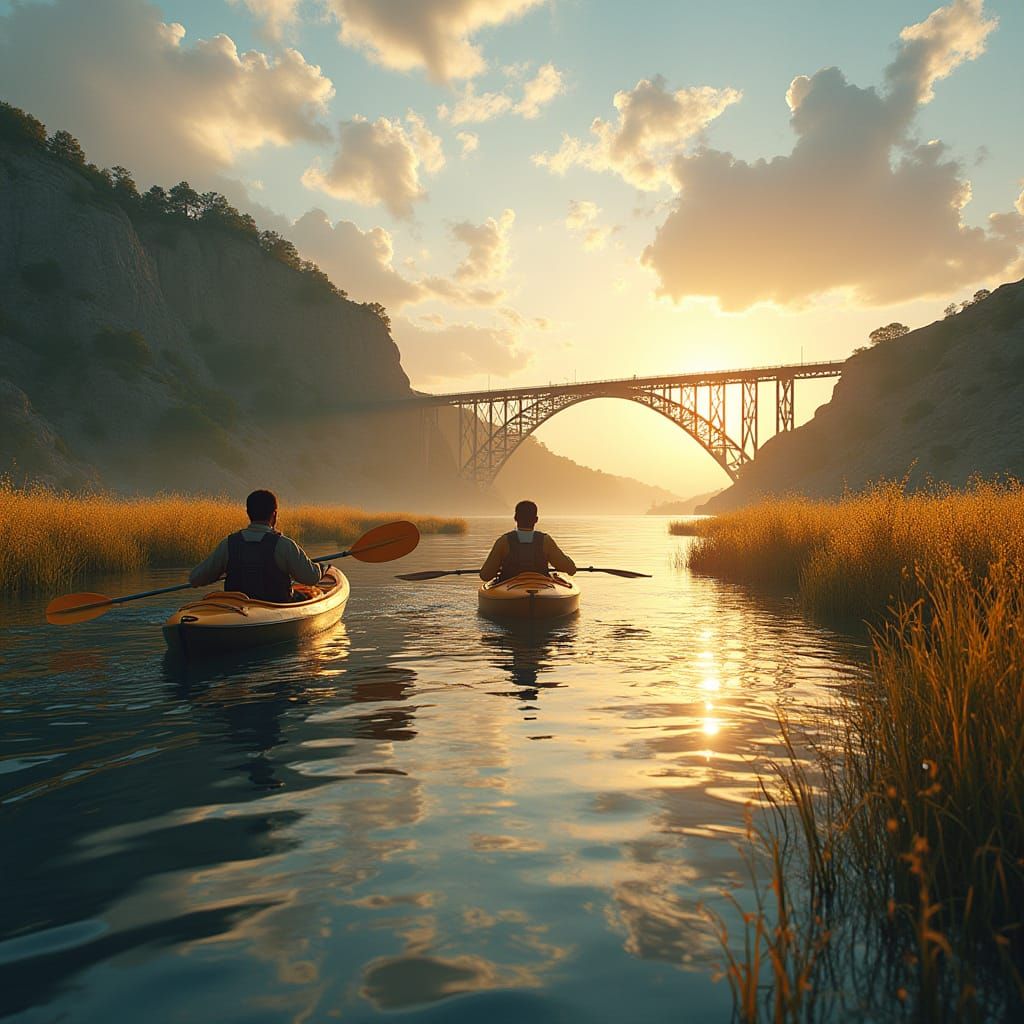 Kayakers on Missouri River in Matte Painting Style