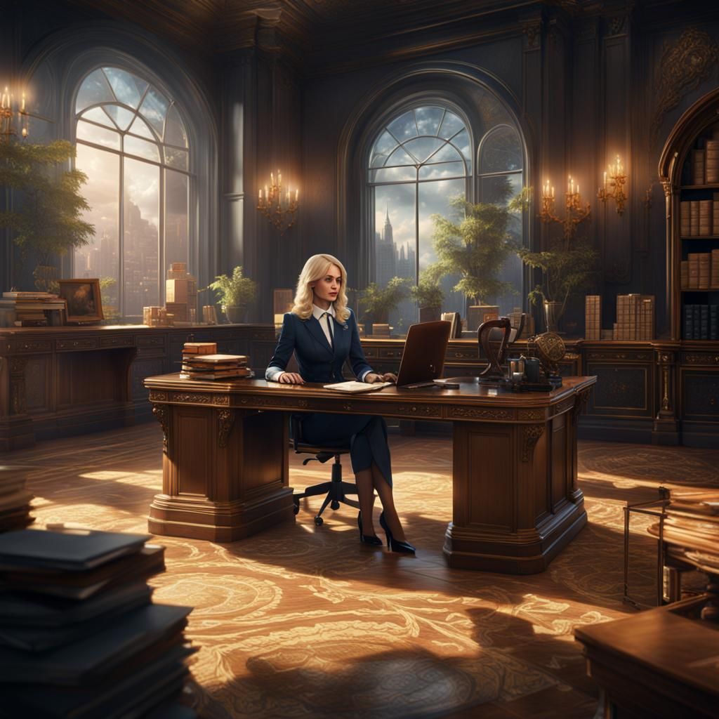 Elegant Blonde Secretary in Ornate Office Interior