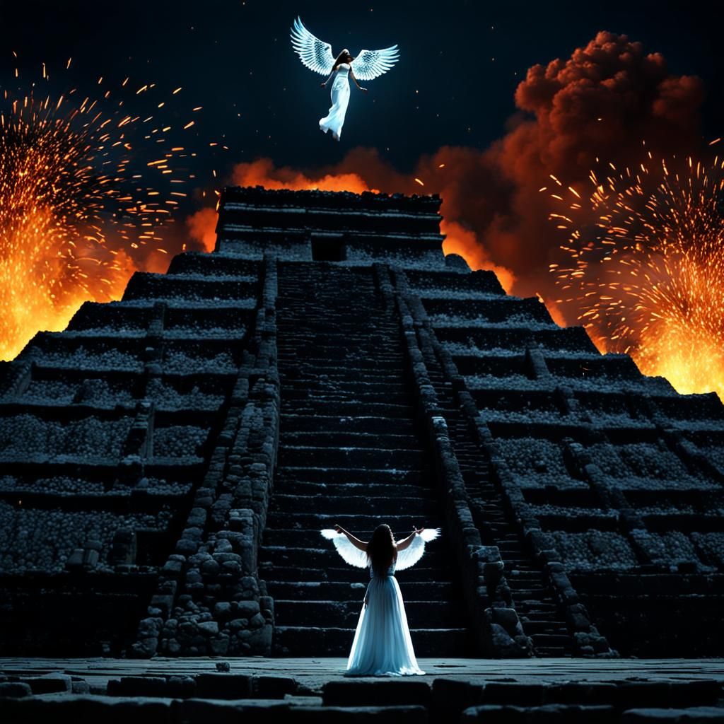 Angel Over Mesoamerican Pyramid at Night