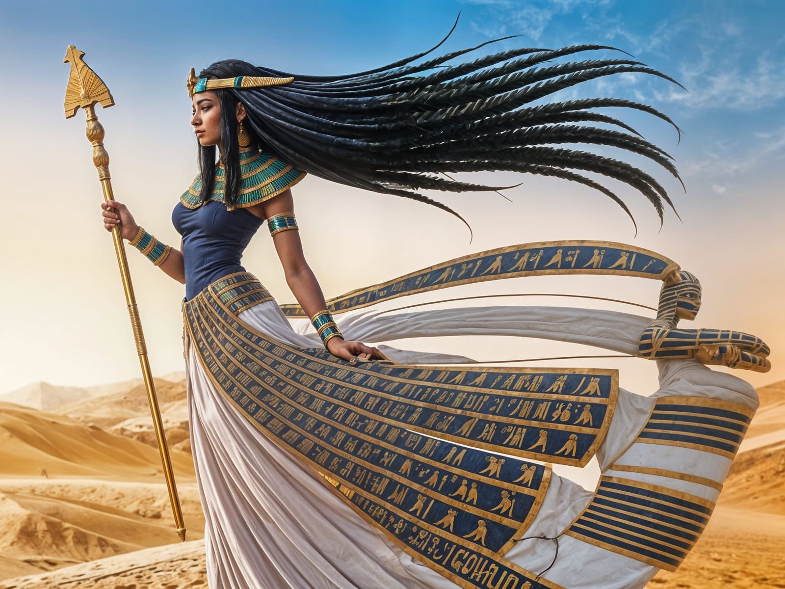 Anime Egyptian Goddess in a Desert Sunset