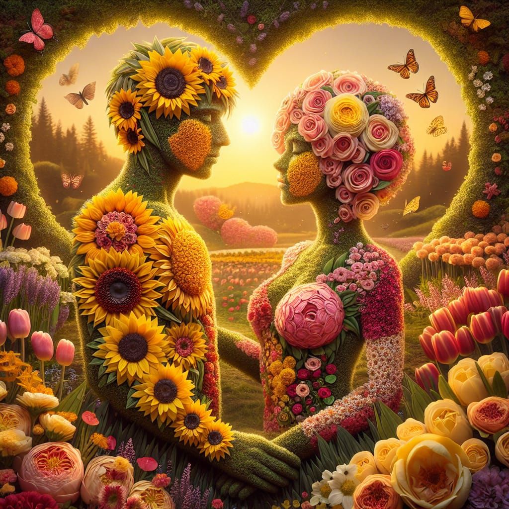 Romantic Floral Couple in a Vibrant Garden