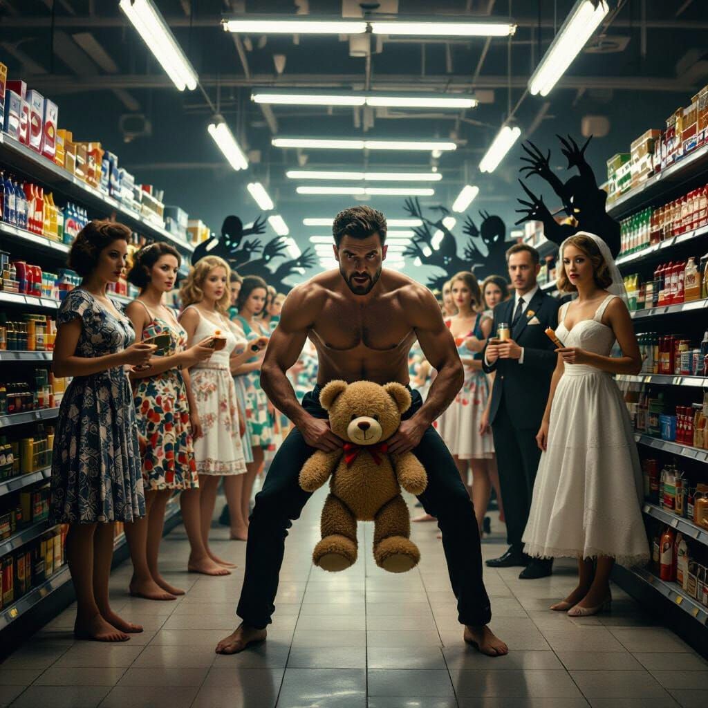 Surreal Grocery Store Confrontation in Dawn Light