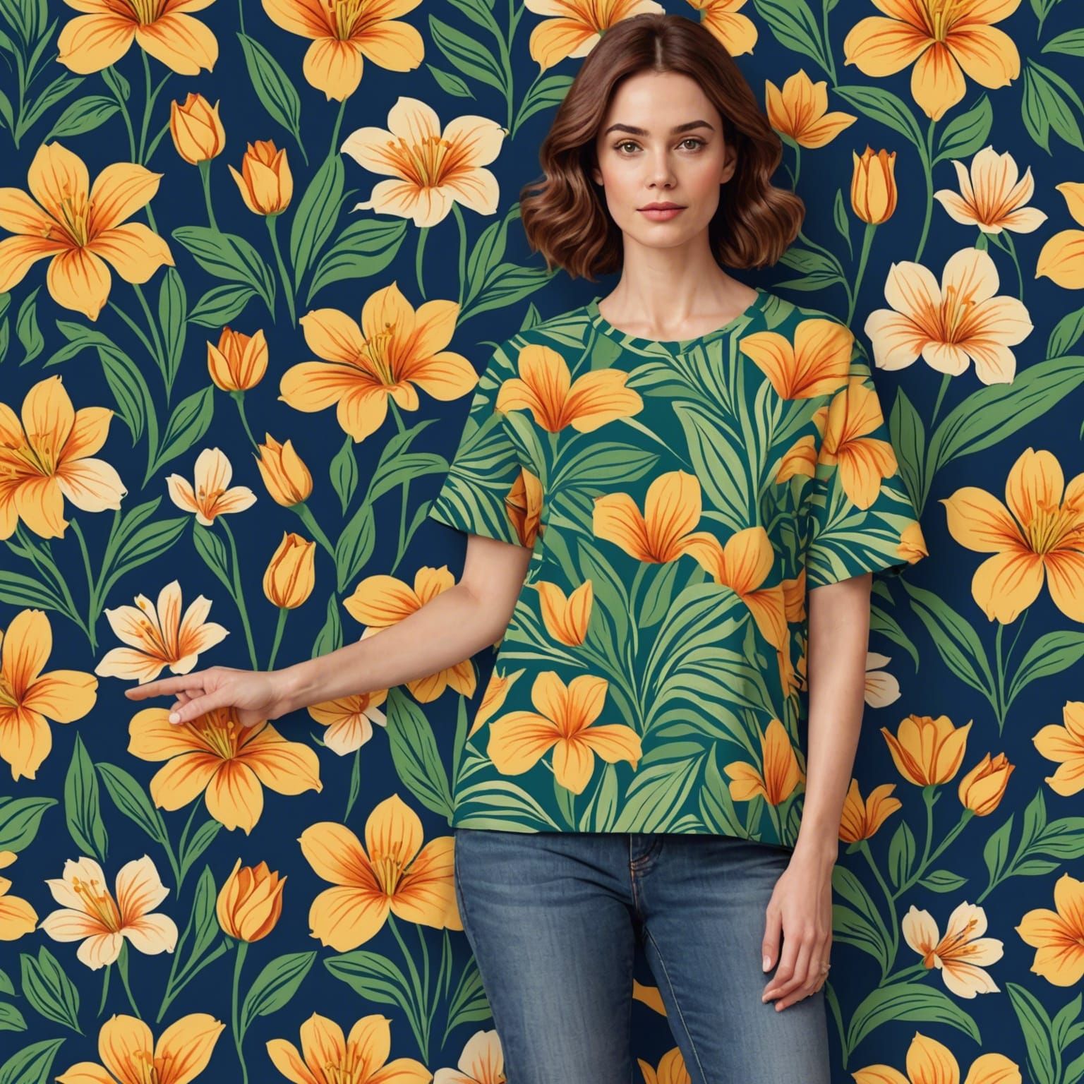 Woman dressing a fabric irishes flowers tshirt pattern on behind a background irishes flowers. Digital illustrat...