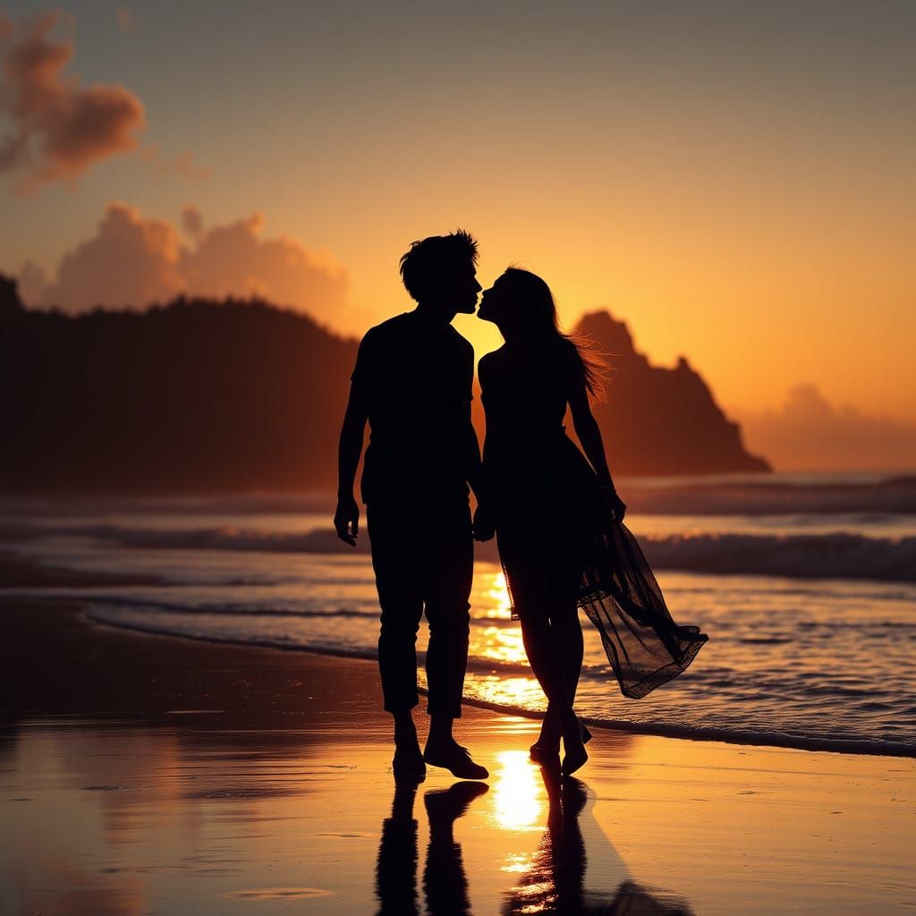 Couple's Sunset Beach Moment in Vibrant Fantasy Style