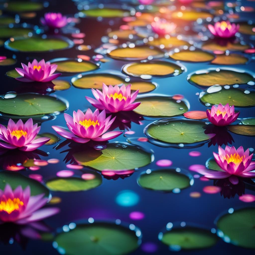 Photorealistic Water Lilies with Floating Bubbles