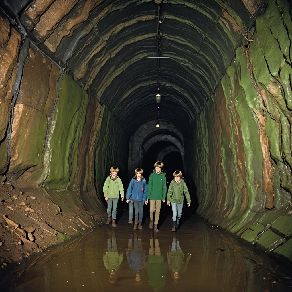 Children Explore a Dark Underground Tunnel in Matte Painting...