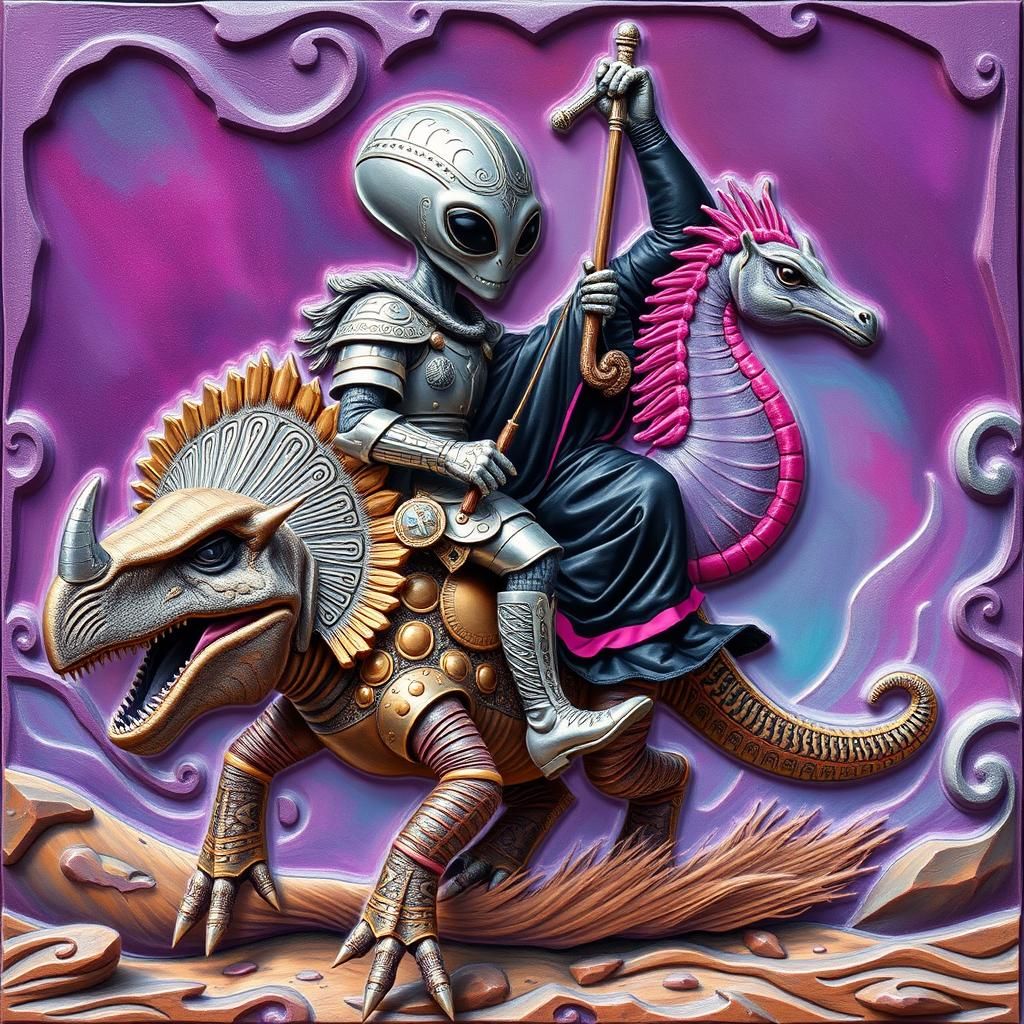 Alien Jousting Knight Embossed Relief Illustration