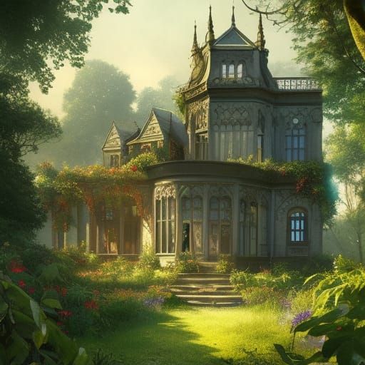High Gothic Victorian Manor in Summer Sunlight