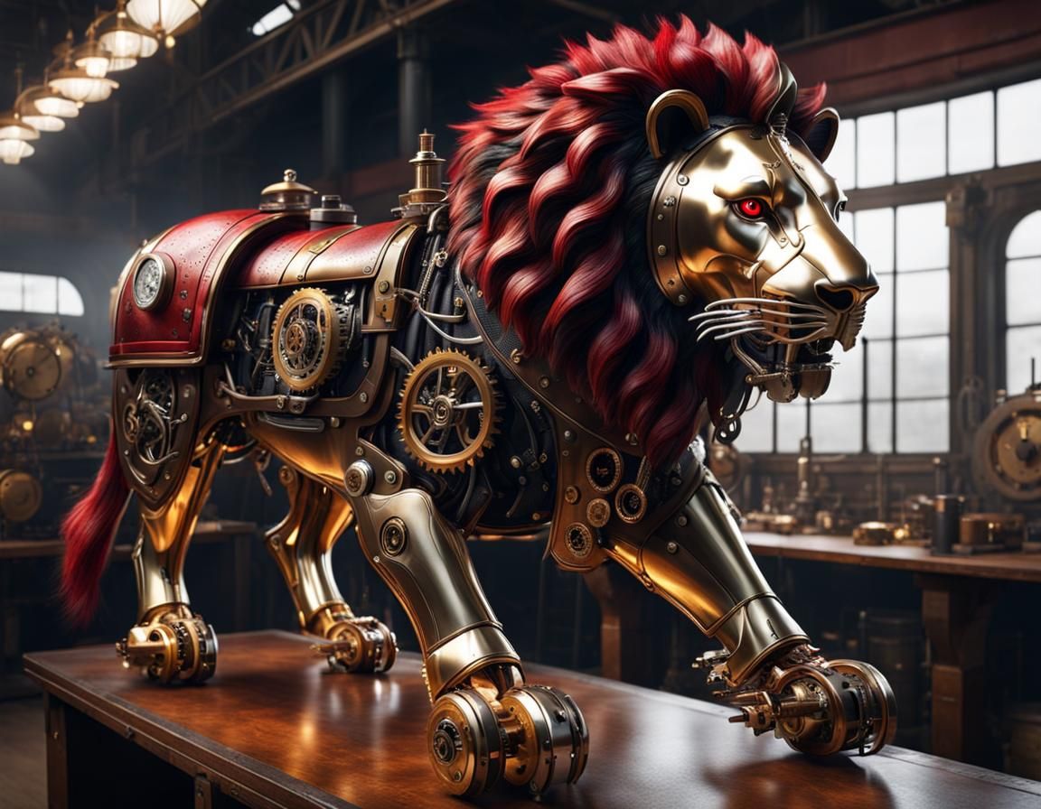 Steampunk Robotic Lion in Brass and Leather