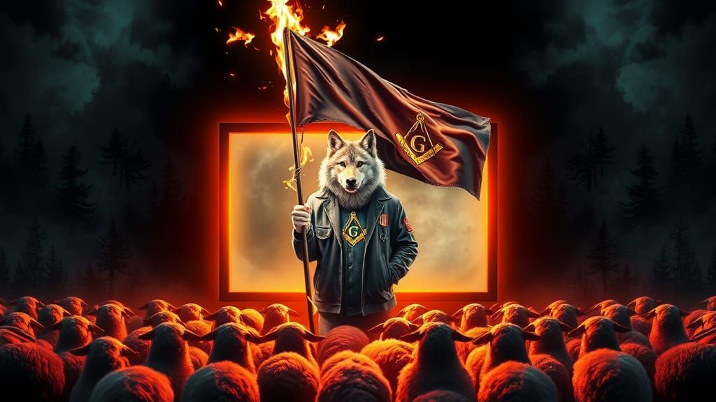 Wolf in Media Jacket Holds Flaming Masonic Flag
