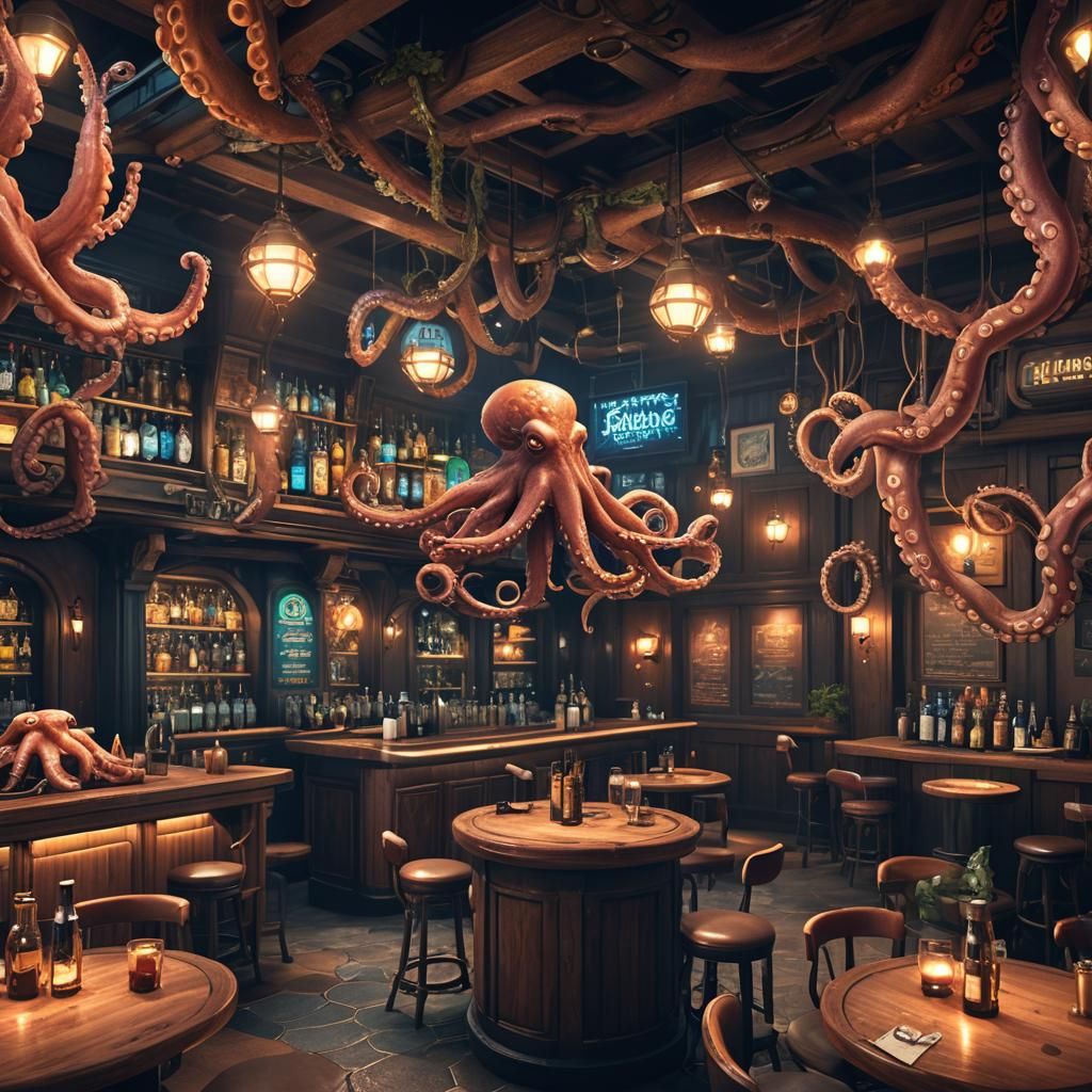 Trendy Octopus Bartender in 3D Cinematic Style