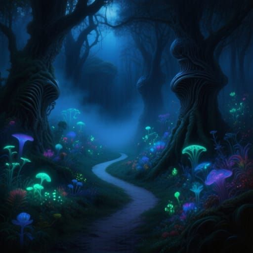 Enchanting Bioluminescent Forest Path at Midnight