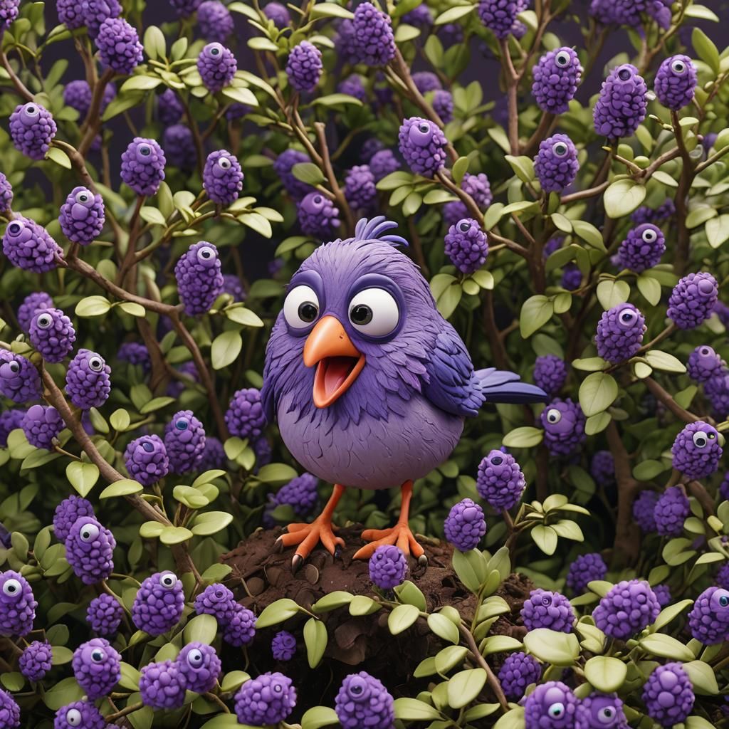 Silly Claymation Bird in Purple Bush, Detailed 8K