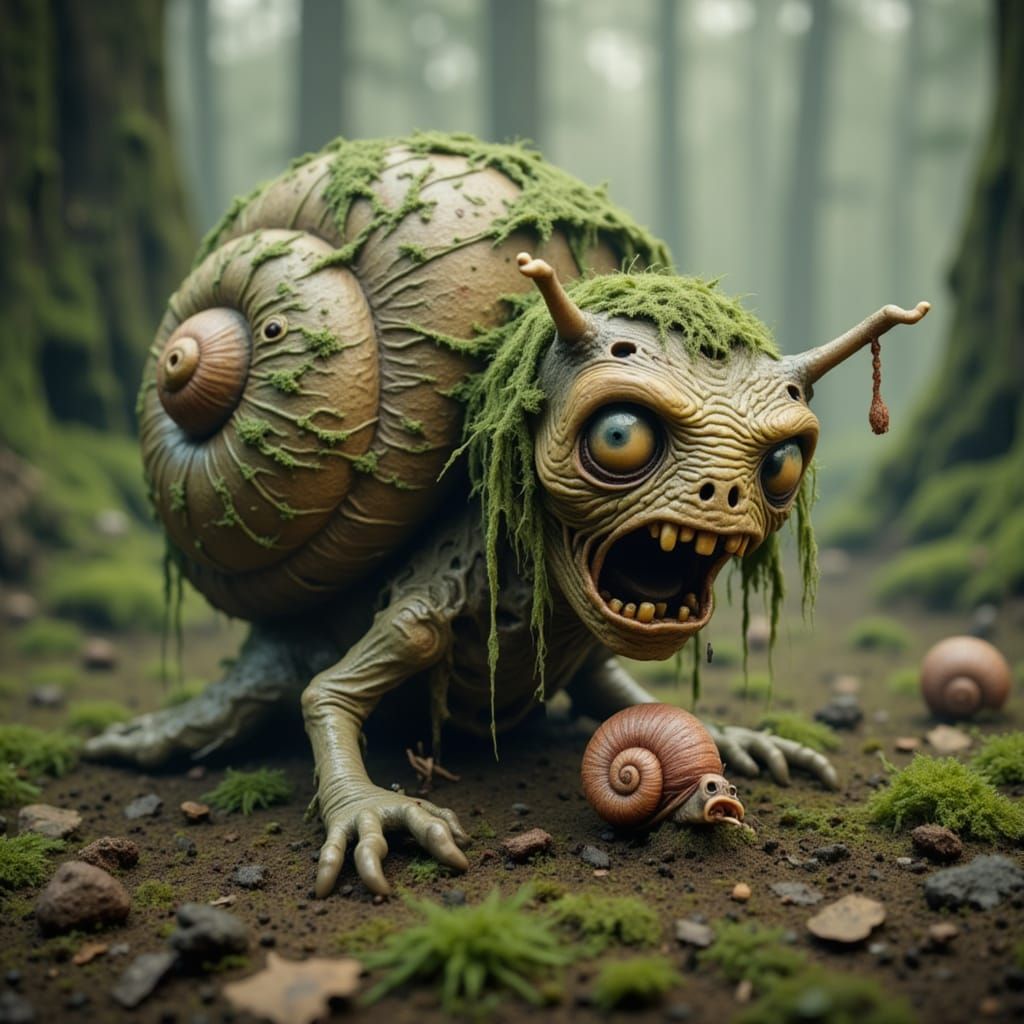 An adorable curious zombie snail investigates a tiny snail brain on the forest floor. <lora:Zombies1:1.0>