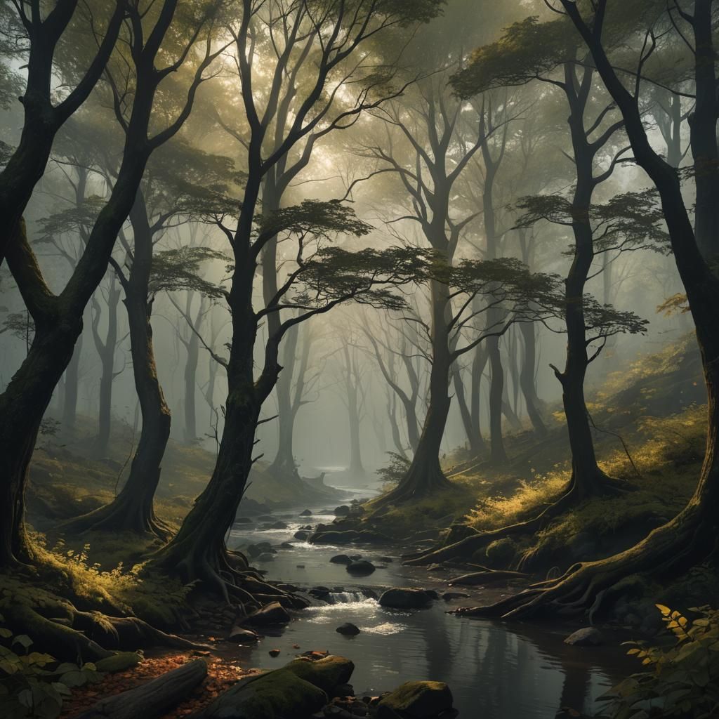 Dark Fantasy Forest River Concept Art
