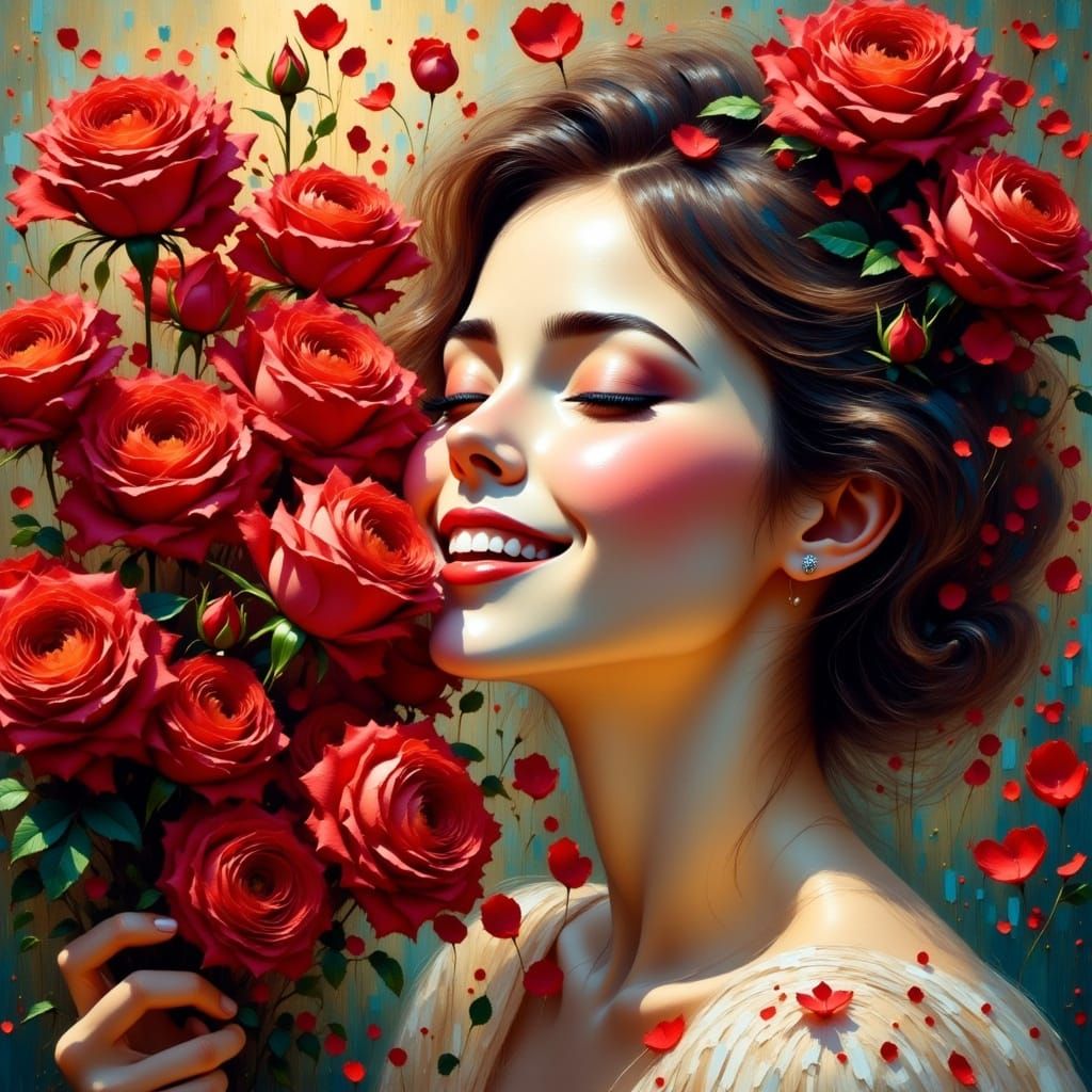 Woman Lost in the Scent of Red Roses