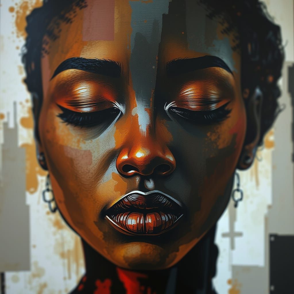 Contemplative Portrait of Woman with Mixed Media Textures