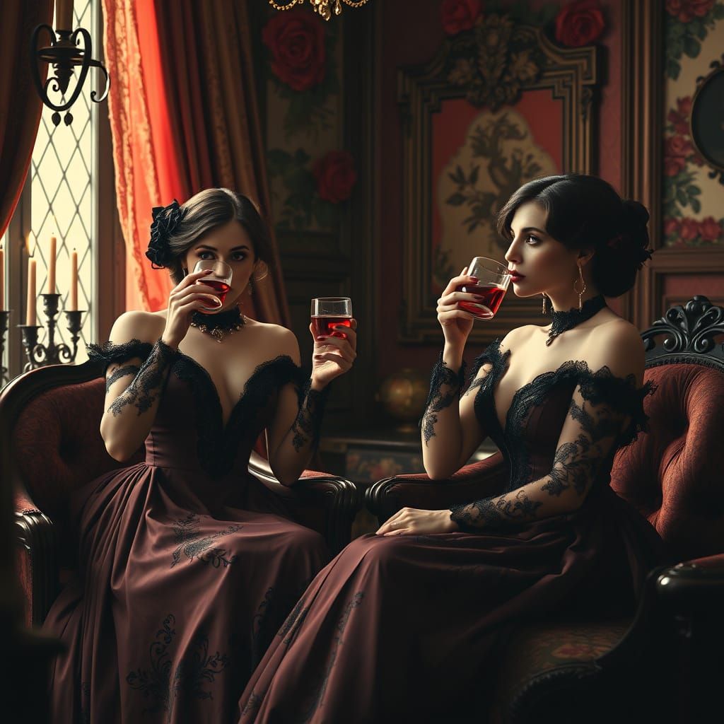 Vampires Sip Crimson Liquid in Victorian Drawing Room