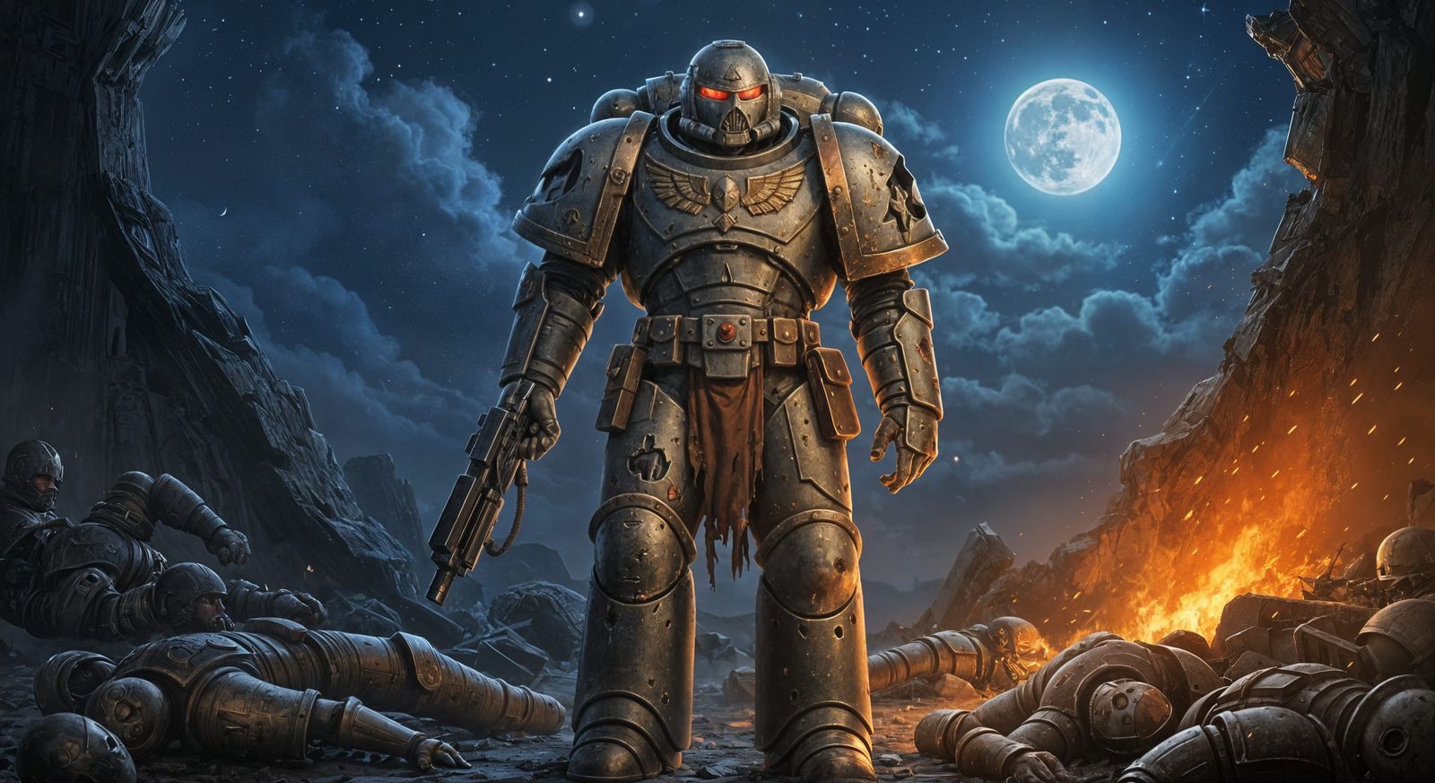 Battle-Scarred Space Marine in War-Torn Ruins