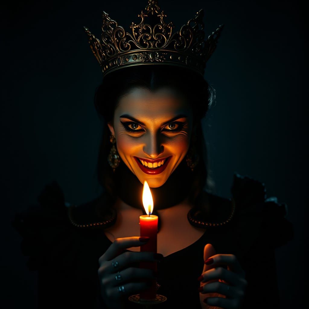 Vampire Queen in Dark Regalia, Eerie Smile, Holding Flickeri...