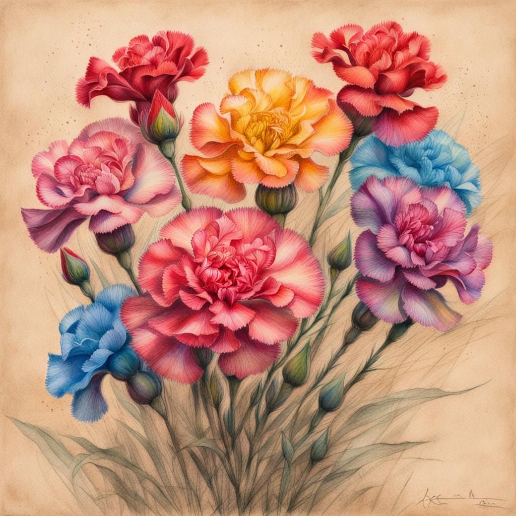 a bouquet of blooming rainbow carnations