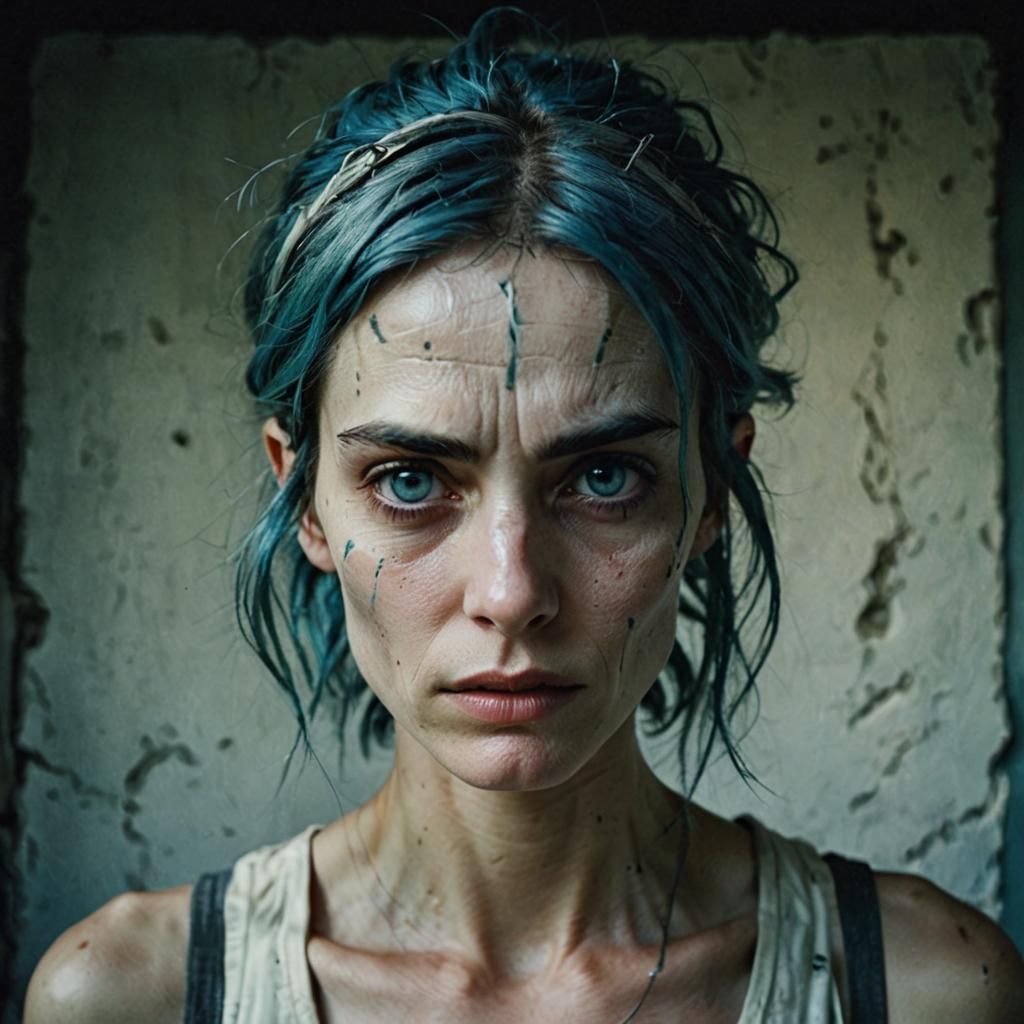 emaciated, very beautiful tired woman, thin face, sunken cheeks, dirty blue hair, eyes looking straight into the soul, w...