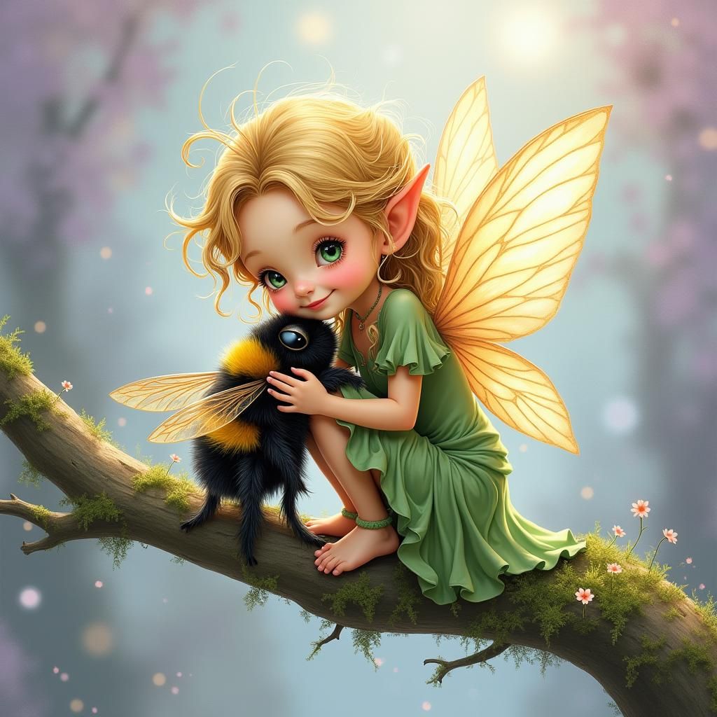 Fairy Child Cuddles Bee in Dreamy Watercolor Style