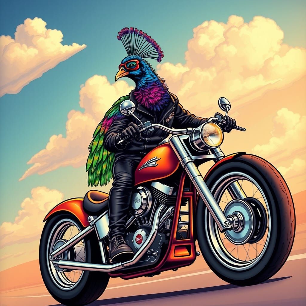 Vibrant Peacock Biker Soars on Sunset-Colored Chopper