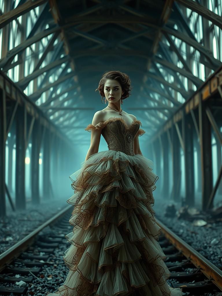 Victorian Woman in Abandoned Train Yard, Eerie Steampunk Sty...