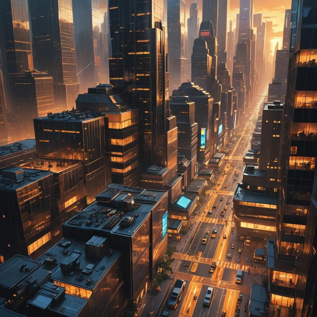 Metropolis Workplace in a Maximalist Digital Painting Style