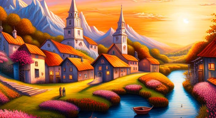 Steampunk Village: Oil Painting with Cosmic Elements