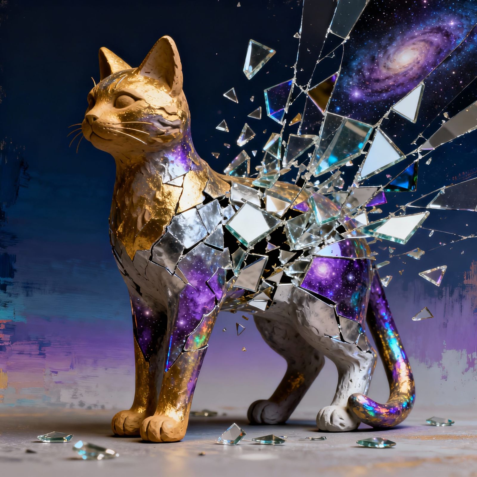 Surreal Cat Sculpture Exploding into Glass and Metal