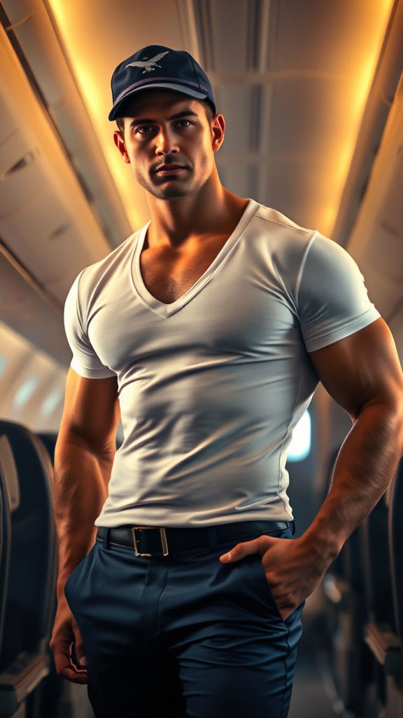 Muscular Flight Attendant in Passenger Cabin, Cinematic Film...