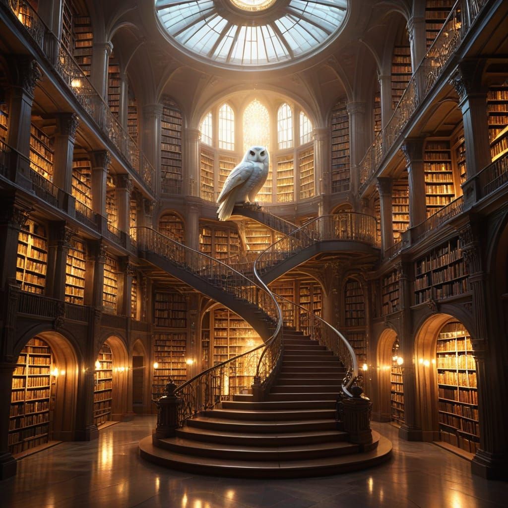 Colossal Library with Glowing Books and Owl