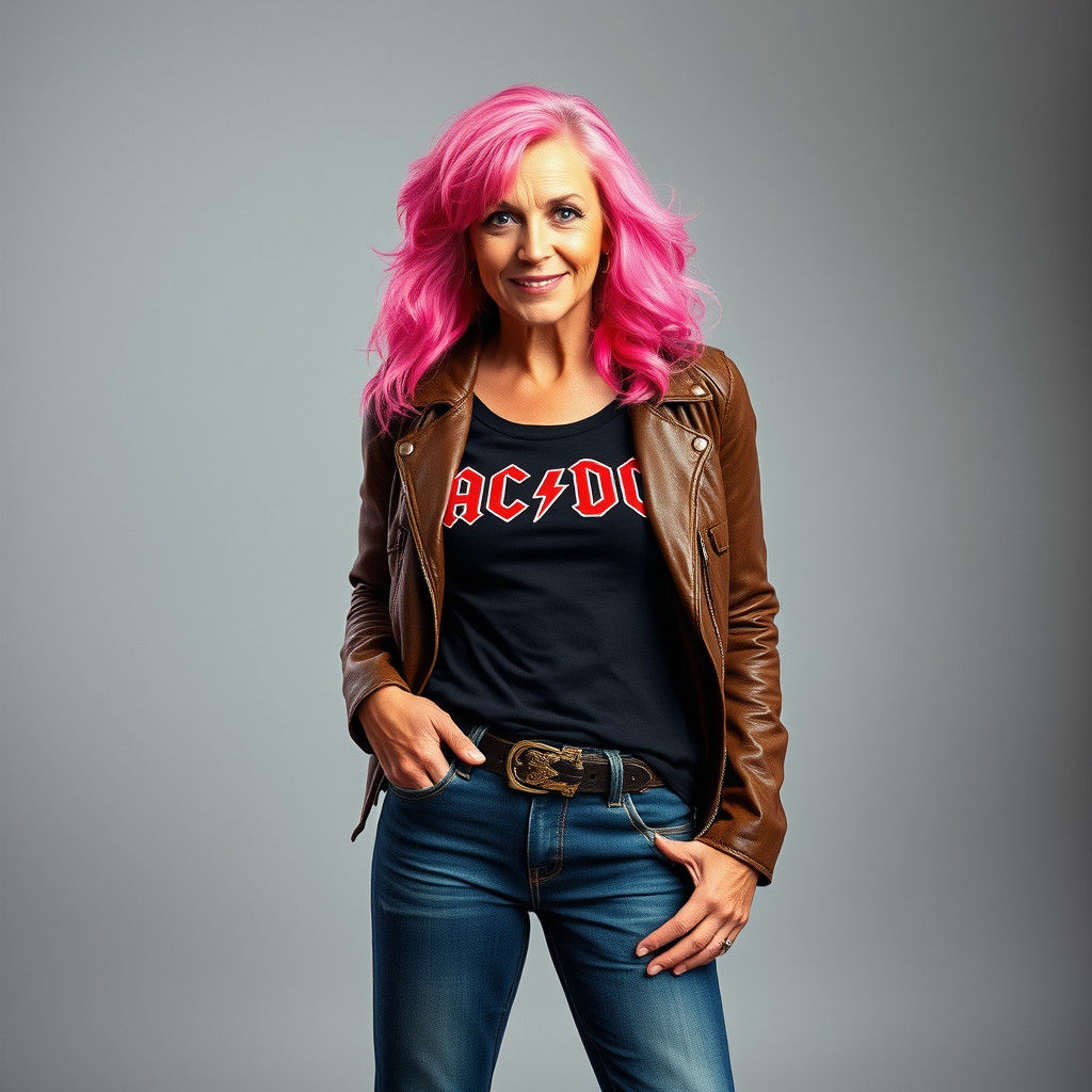 Youthful Woman in Jeans and AC/DC Tee, Pin-Up Style