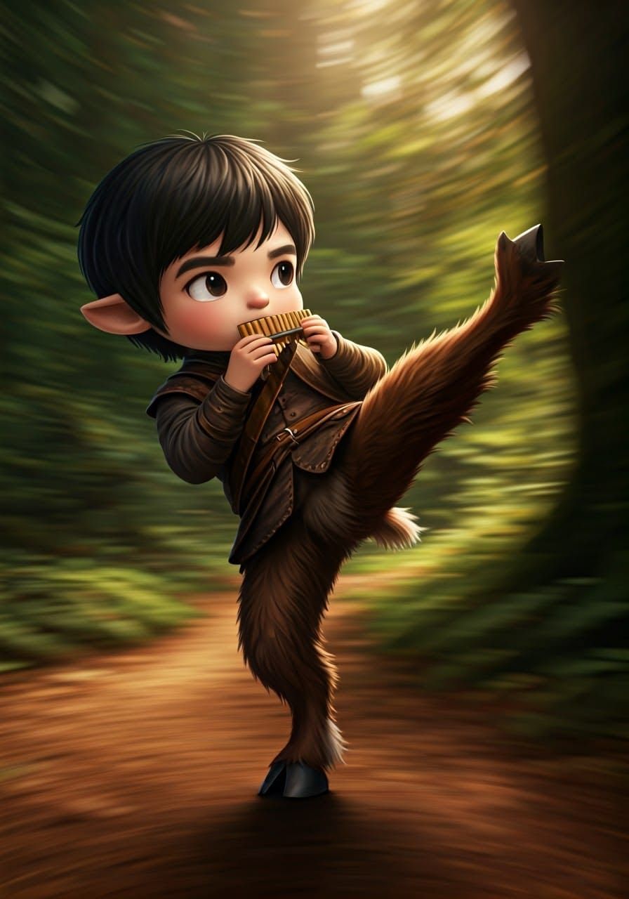 Anime Satyr Kicking and Playing Flute in Forest