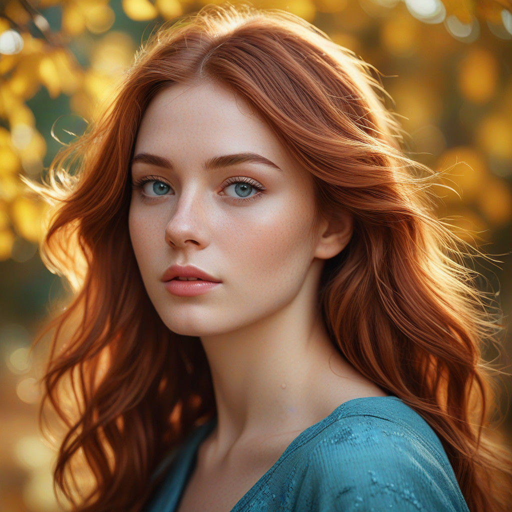 Hyper-Realistic Portrait of Auburn-Haired Woman in Autumn