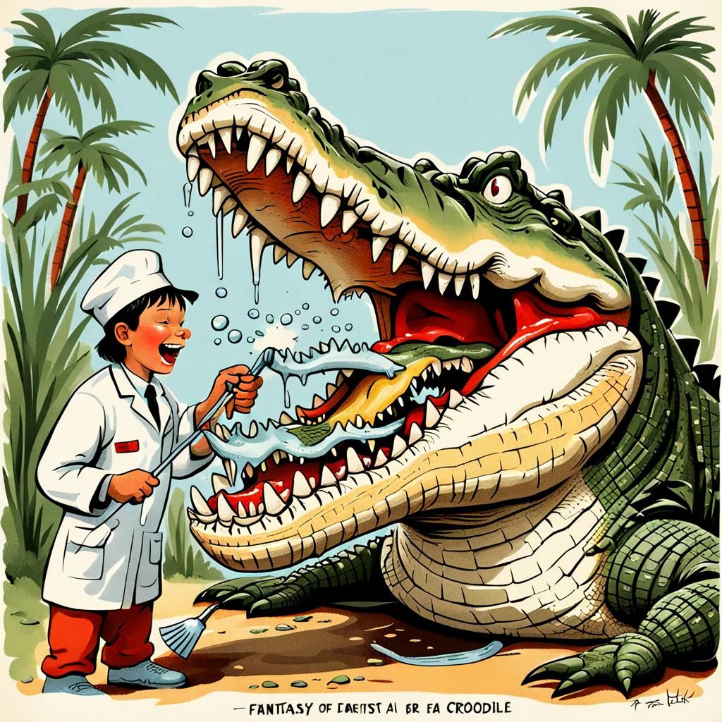 Dentist Cleans Crocodile Teeth in Fantasy Scene