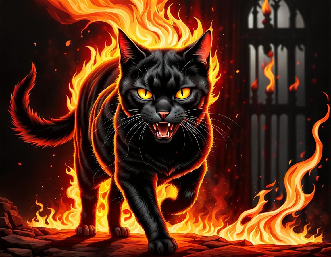 Sinister Black Cat in Hellfire, Hyperrealistic Digital Art