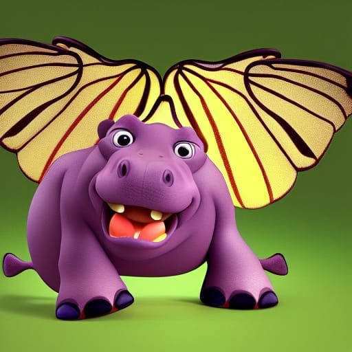 Pixar-style Hippopotamus with Moth Wings