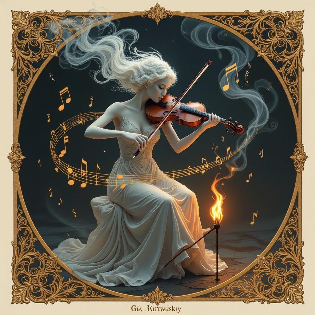 A detailed and intricate figure made of smoke rising from a matchstick, resembling a person playing the violin, with mus...