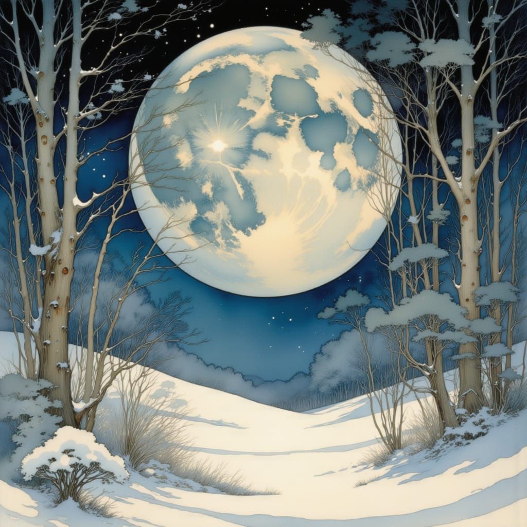 Large Full Moon Winter Snowy Wonderland in Art Nouveau Style