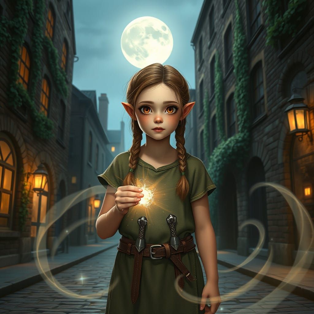 Half-Elf Druidess Stands Confidently in Moonlit City Streets